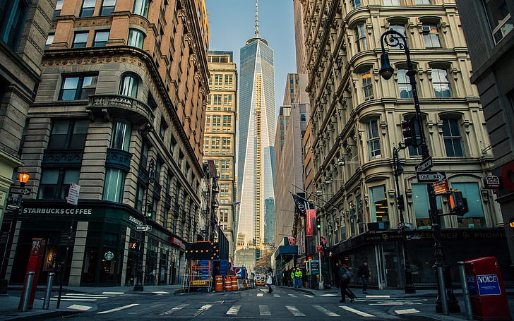 стеклянное высотное здание, нью-йорк, урбан, улица, город, здание, небоскреб, дорога, городской пейзаж, HD обои