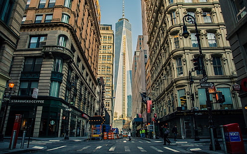 glas höghus, New York City, urban, gata, stad, byggnad, skyskrapa, väg, stadsbild, HD tapet HD wallpaper