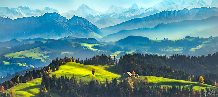 зеленая горная живопись, цифровое искусство, произведение искусства, пейзаж, деревья, горы, туман, голубой, поле, HD обои