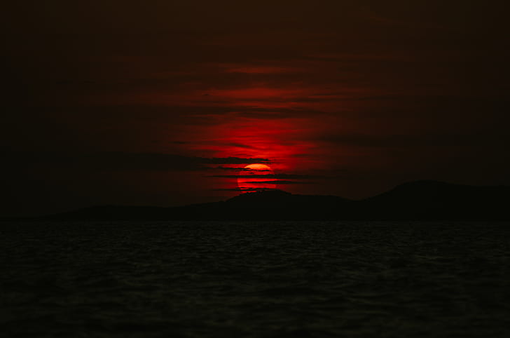 montañas, sol rojo, oscuro, puesta de sol, sol, mar, aire libre, Ibiza, Fondo de pantalla HD