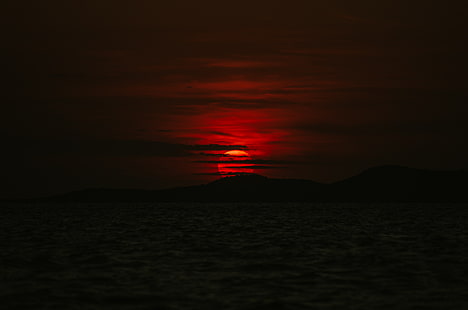 горы, красное солнце, темно, закат, солнце, море, на природе, Ибица, HD обои HD wallpaper