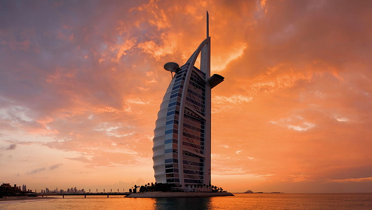 Budynki, Burj Al Arab, Budynek, Dubaj, Morze, Zachód słońca, Zjednoczone Emiraty Arabskie, Tapety HD