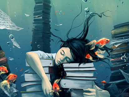 книги, рыба, пузыри, закрытые глаза, бумага, под водой, AquaSixio, произведение искусства, оригинальные персонажи, фэнтези-арт, золотая рыбка, психоделический, рисунок, фантазийная девушка, HD обои HD wallpaper
