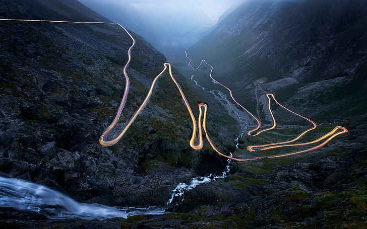 фотография с дълги експозиции на планини, Норвегия, Тролстиген, дълго експозиция, път, пейзаж, вода, планини, HD тапет