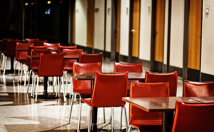 Waiting Room, brown-and-red table and chair lot, Europe, Germany, Night, Light, Table, Waiting, Desktop, Background, Room, Urban, Metal, Empty, Reflection, Chair, Evening, red, Focus, Colour, Floor, Wait, Restaurant, dof, fugazi, deserted, baden, airpark, HD wallpaper