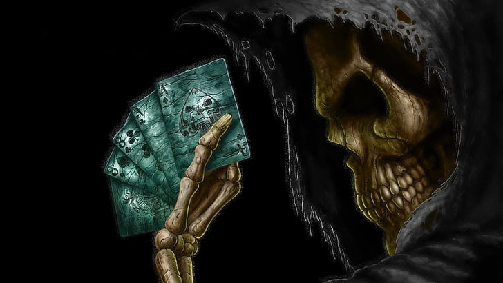 頭蓋骨、死、カード、ポーカー、骨、暗い、スケルトン、闇、あご、神話上の生き物、アートワーク、 HDデスクトップの壁紙
