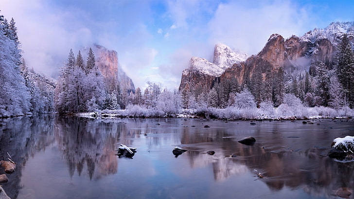 空、アメリカ合衆国、カリフォルニア、ヨセミテ国立公園、ヨセミテ渓谷、エルキャピタン、風景、国立公園、朝、山の風景、反射、湖、木、凍結、山、荒野、雪、霧、霧、冬、 HDデスクトップの壁紙