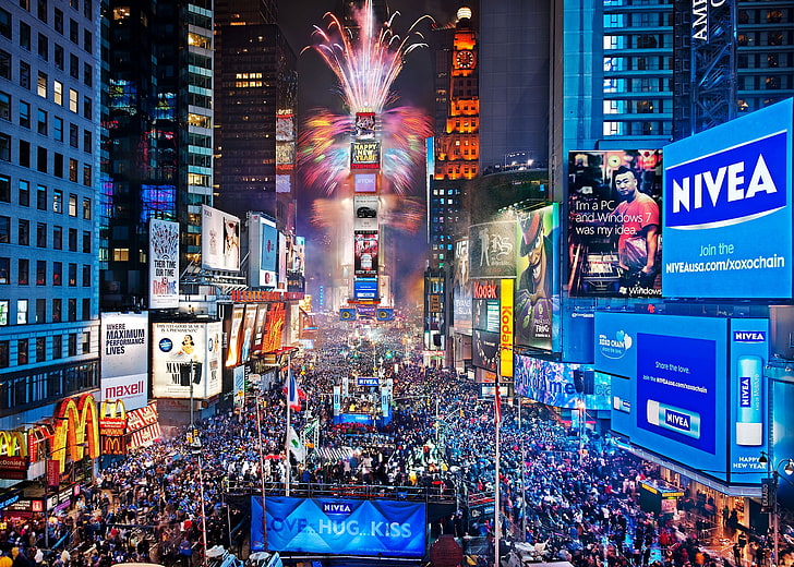 villes, ville, foule, feux d'artifice, lumières, néon, personnes, carré, temps, trafic, usa, année, york, Fond d'écran HD