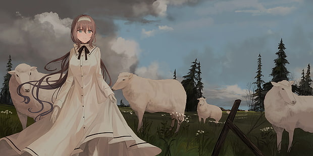 anime girls, original characters, long hair, headband, looking into the distance, smiling, dress, white dress, gloves, white gloves, sheep, animals, field, trees, grass, flowers, clouds, sky, artwork, drawing, digital art, illustration, 2D, Chihuri 45, HD wallpaper HD wallpaper
