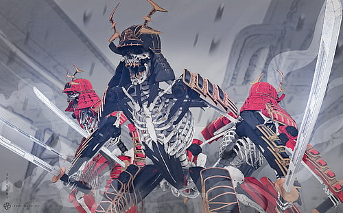 Dark, Warrior, Armor, Katana, Samurai, Skeleton, Sword, Tapety HD HD wallpaper