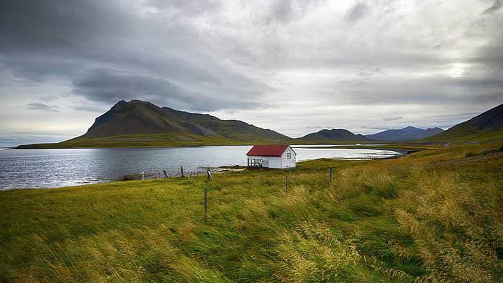 фотография, горы, дом, растения, трава, небо, озеро, HD обои
