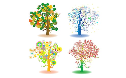Деревья Four Seasons, четыре анимированных дерева, весна, осень, осень, дерево, лето, зима, 3d и аннотация, HD обои HD wallpaper