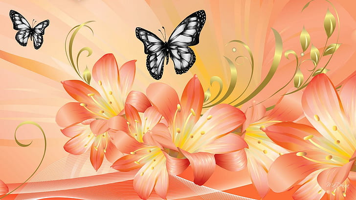 Dramatic Lilies, orange, gold leaf, butterfly, peach, flowers, dramatic, gold swirl, butterflies, summer, lily, 3d and a, HD wallpaper