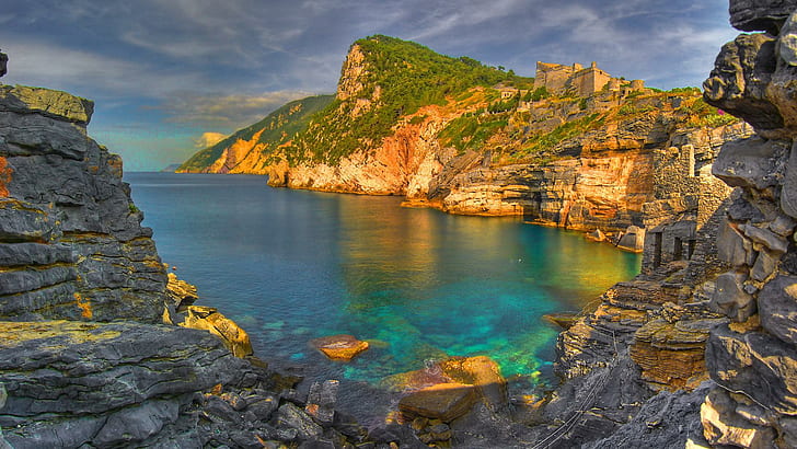 Grotta Di Byron, Portovenere Italy, reflected in the ocean, beautiful place, mountains, grass, turquoise, clear water, plants, nature and l, HD wallpaper