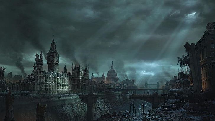 Orologio Big Ben, arte digitale, apocalittico, Big Ben, Londra, Hellgate: London, videogiochi, Sfondo HD