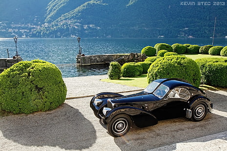 svart bil, retro, Italien, klassisk, strandpromenad, buskarna, 1938, Lombardiet, Como, Bugatti 57SC Atlanten, Comosjön, HD tapet HD wallpaper