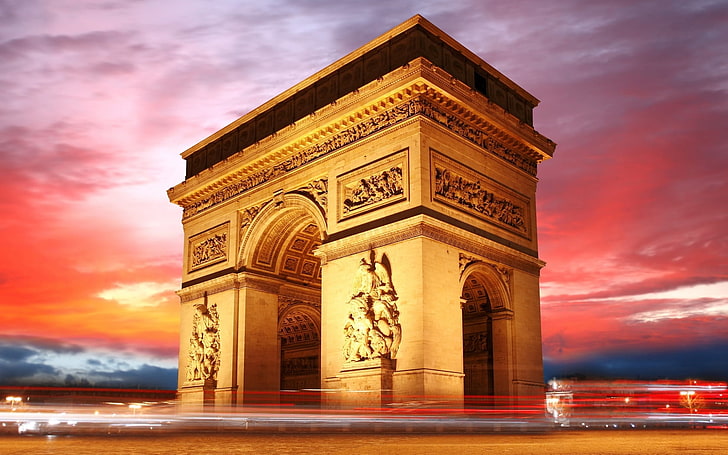 lengkungan beton emas, arc de triomphe, paris, france, malam, langit, Wallpaper HD