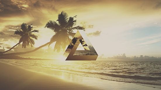 coconut trees, triangle, geometry, beach, palm trees, Penrose triangle, HD wallpaper HD wallpaper