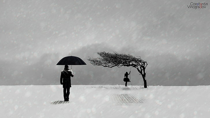 девушка, мальчик, черно-белое, мужчина держит зонтик и женщина сидит на качелях под деревом иллюстрация, мальчик, девушка, настроение, зима, черно-белое, грусть, минимализм, HD обои