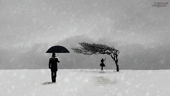 dziewczyna, chłopiec, czarno-biały, mężczyzna trzymający parasol i kobieta siedząca na huśtawce pod drzewem ilustracja, chłopiec, dziewczyna, nastrój, zima, czarno-biały, smutek, minimalizm, Tapety HD HD wallpaper