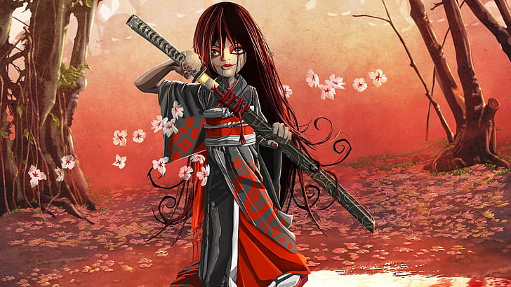 Самурай, девушка, держащая иллюстрацию катана, аниме, 2560x1440, женщина, самурай, HD обои