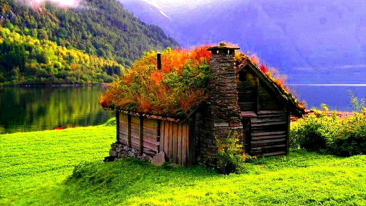 lake, mountains, valley, shanty, cottage, house, roof, chimney, grass, shore, HD wallpaper