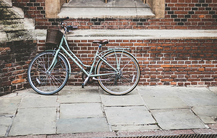architecture, bicycle, bike, brick, brickwall, building, parked, pavement, wall, wheels, HD wallpaper