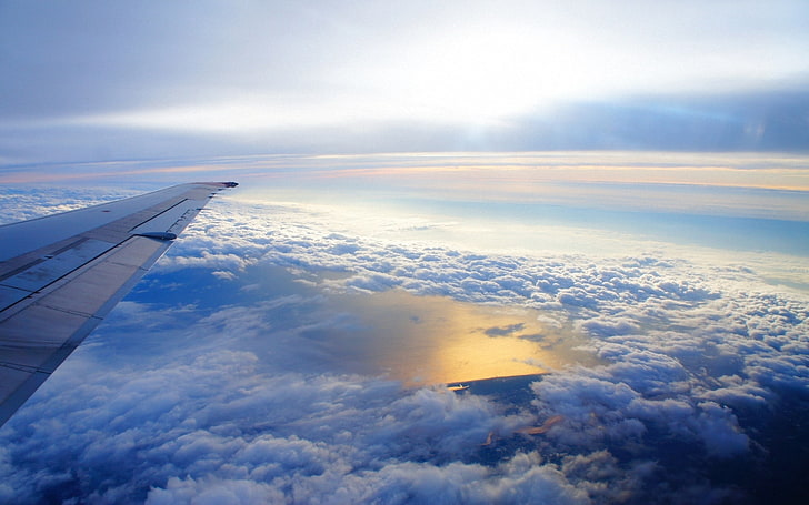 white airplane wing, sky, altitude, clouds, airplane, wing, flying, soaring, HD wallpaper