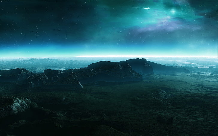 планина през нощта HD тапет, планини, космос, синьо, зелено, трева, падащи звезди, звезди, полярни сияния, HD тапет