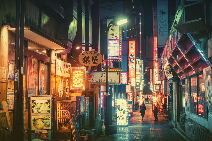 Улица япония, япония, ночь, неон, масаси вакуи, HD обои