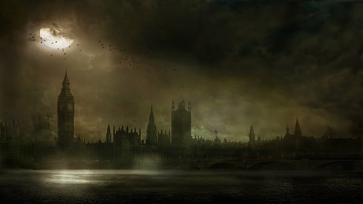 svarta betongbyggnader konstillustration, London, Bridge, Night, Tower, River, Thames, Big Ben, The Testament of Sherlock Holmes, HD tapet