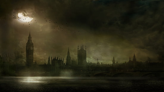 رسم توضيحي للمباني الخرسانية السوداء ، لندن ، الجسر ، الليل ، البرج ، النهر ، التايمز ، ساعة بيغ بن ، وصية شارلوك هولمز، خلفية HD HD wallpaper