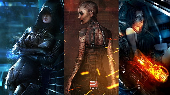 üç çeşitli karakter dijital duvar kağıdı kolaj, Mass Effect, video oyunları, Miranda Lawson, Kasumi Goto, Mass Effect 2, Jack, kolaj, HD masaüstü duvar kağıdı HD wallpaper