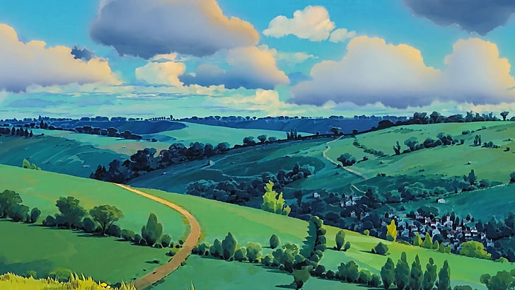 anime, Studio Ghibli, karya seni, lanskap, awan, cyan, hijau, Wallpaper HD