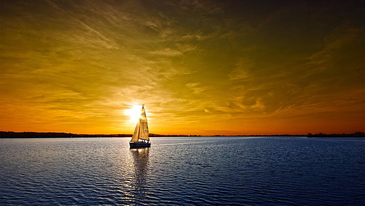 white and black sailboat, sea, sunset, boat, sunlight, nature, clouds, sky, water, HD wallpaper