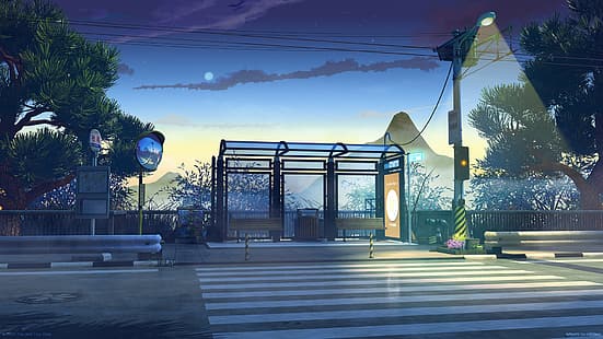 digitale Kunst, Grafik, Bushaltestelle, Straße, Japan, Stadt, LoFi, Sonnenuntergang, HD-Hintergrundbild HD wallpaper