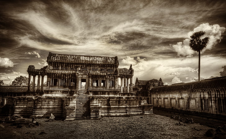 Temple In Cambodia, Asia, Cambodia, City, Ruins, Sepia, Clouds, Temple, HD  wallpaper | Wallpaperbetter