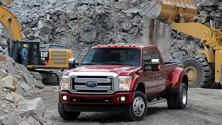 red Ford F-250 crew-cab pickup truck near heavy equipment on quarry site, ford f450, super duty platinum, crew, cab, red, HD wallpaper