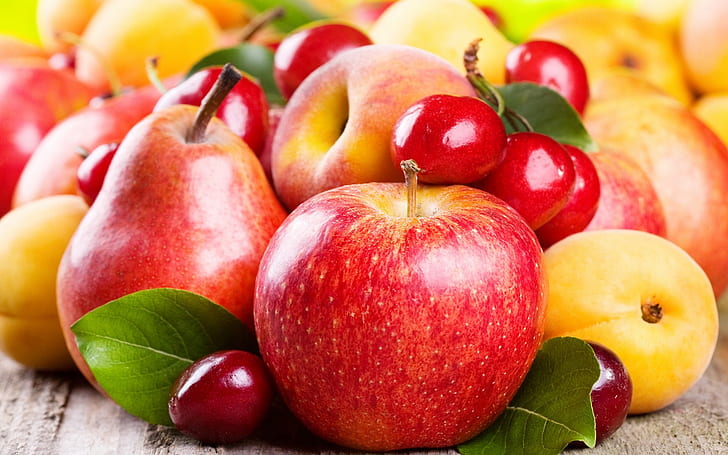 Läckra frukter, äpplen, päron, aprikoser, körsbär, läckra, frukter, äpplen, päron, aprikoser, körsbär, HD tapet