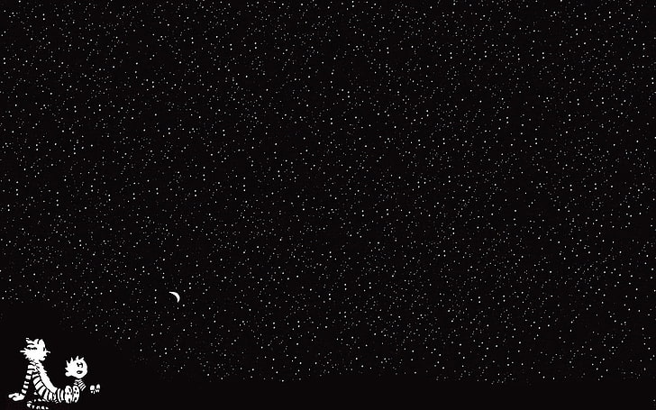 black wallpaper, calvin and hobbes, starry sky, cartoon, HD wallpaper