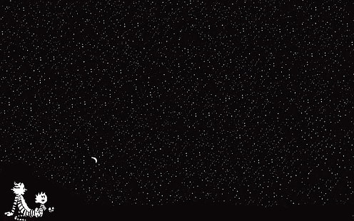 carta da parati nera, calvin e hobbes, cielo stellato, cartone animato, Sfondo HD HD wallpaper