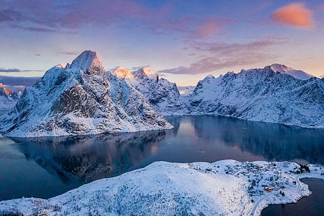 Fotografía, Lofoten, Bahía, Noruega, Nieve, Invierno, Fondo de pantalla HD HD wallpaper