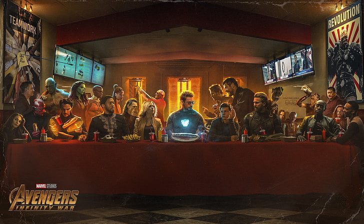 Marvel Avengers Infinity War poster, Avengers Last Supper wallpaper, The Avengers, Iron Man, Black Widow, Loki, Black Panther, Doctor Strange, Drax the Destroyer, Captain America, Stan Lee, Vision, Bruce Banner, Gamora, Star Lord, Thor,Groot, Captain America: The Winter Soldier, War Machine, Valkirie, Photoshop, Spider-Man, fast food, The Last Supper, Avengers: Infinity war, Guardians of the Galaxy, Hulk, Bucky Barnes, Falcon, Tony Stark, Rocket Raccoon,Ant-Man, Hawkeye, Marvel Cinematic Universe, Marvel Comics, Bosslogic, Ant-Man and the Wasp, Sfondo HD