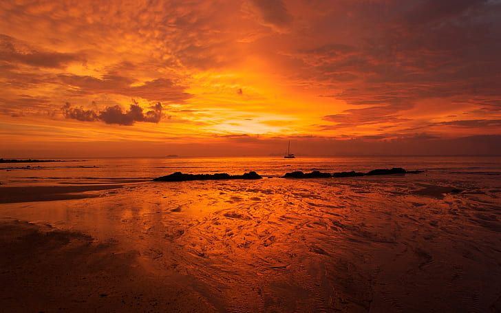 Burning Seascape, paysage marin, coucher de soleil, Fond d'écran HD