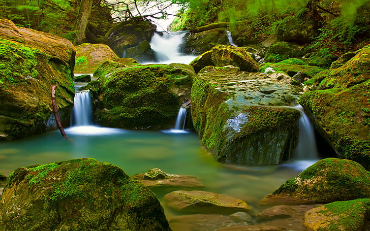 Pequenas cachoeiras em um rio de montanha, grandes rochas verdes com musgo refrescante Hd Wallpaper, HD papel de parede