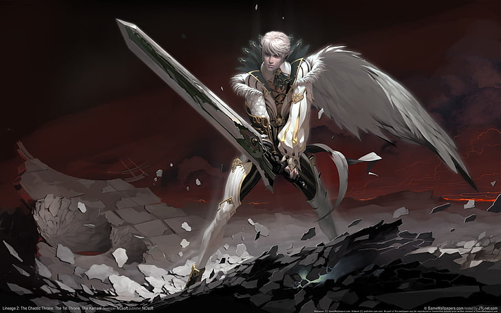 homem vestindo terno branco com asas segurando a espada, pintura de personagens, videogames, arte digital, Lineage II, espada, HD papel de parede