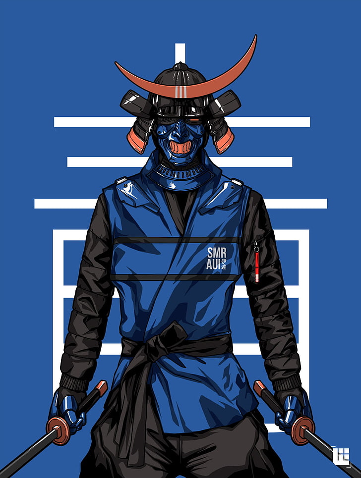 Bryan Lie, mężczyźni, samuraj, niebieskie tło, płaszcze, zamaskowani, miecz, Tapety HD, tapety na telefon