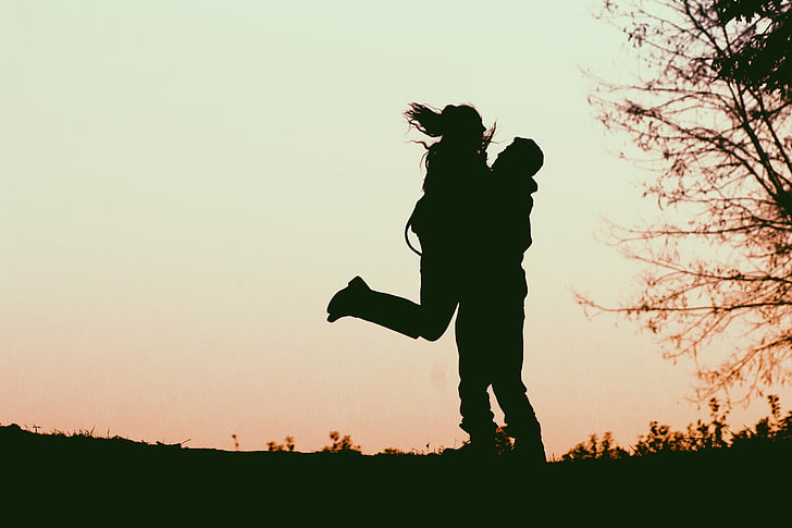 silhouette of man and woman, couple, silhouettes, love, hugs, HD wallpaper