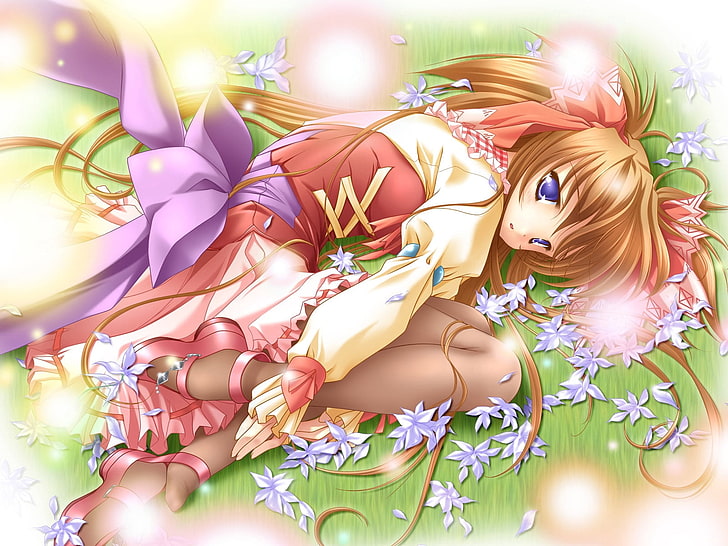 brown-haired female anime wallpaper, girl, cute, bow, flowers, posture, HD wallpaper