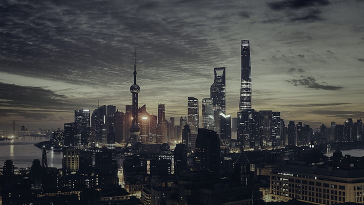 темно, городской пейзаж, ночь, Шанхай, Китай, HD обои